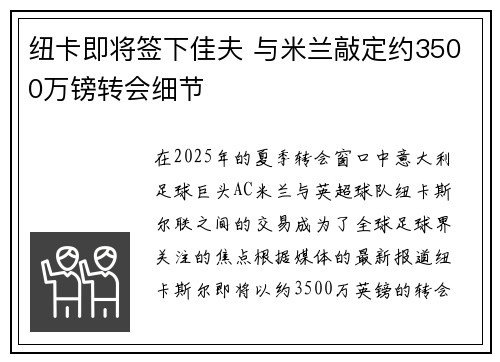纽卡即将签下佳夫 与米兰敲定约3500万镑转会细节